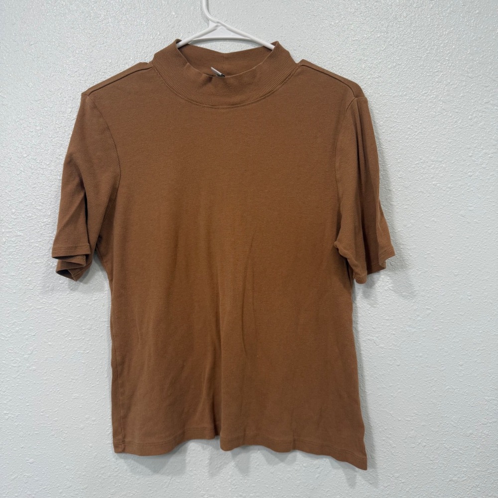 Joie Women XL Cognac Brown Ribbed Pima Cotton Modal Mock Neck Short Sleeve Top